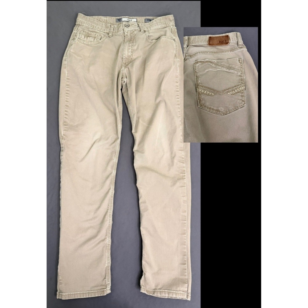 BKE Jake Straight Jeans Men's Size 32R Beige Stretch Distressed Embroidered